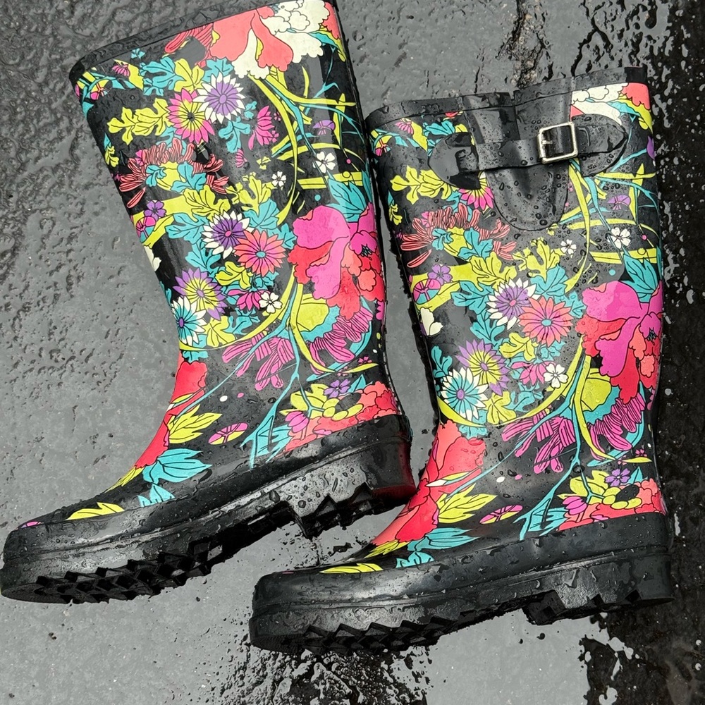 Floral Rain Boots - Black Fleece Lined with Bright Multicolor Flowers - Picture 2 of 3